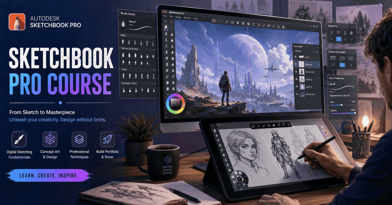 Digital artist using Sketchbook Pro on tablet creating detailed sketches with drawing tools and perspective guides