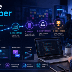 Software Developer Career course visual showing an aspiring developer learning to code and planning a professional career path.