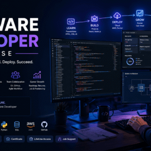Software Developer Course showing coding workspace, programming concepts, career roadmap, and developer job preparation.