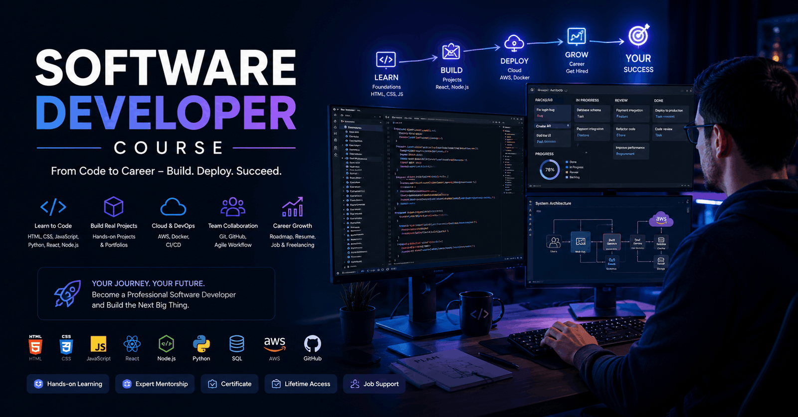 Software Developer Course showing coding workspace, programming concepts, career roadmap, and developer job preparation.