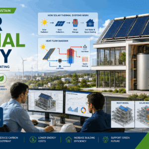 Solar Thermal Energy systems with solar collectors, water heating, renewable energy technology, and sustainable engineering.