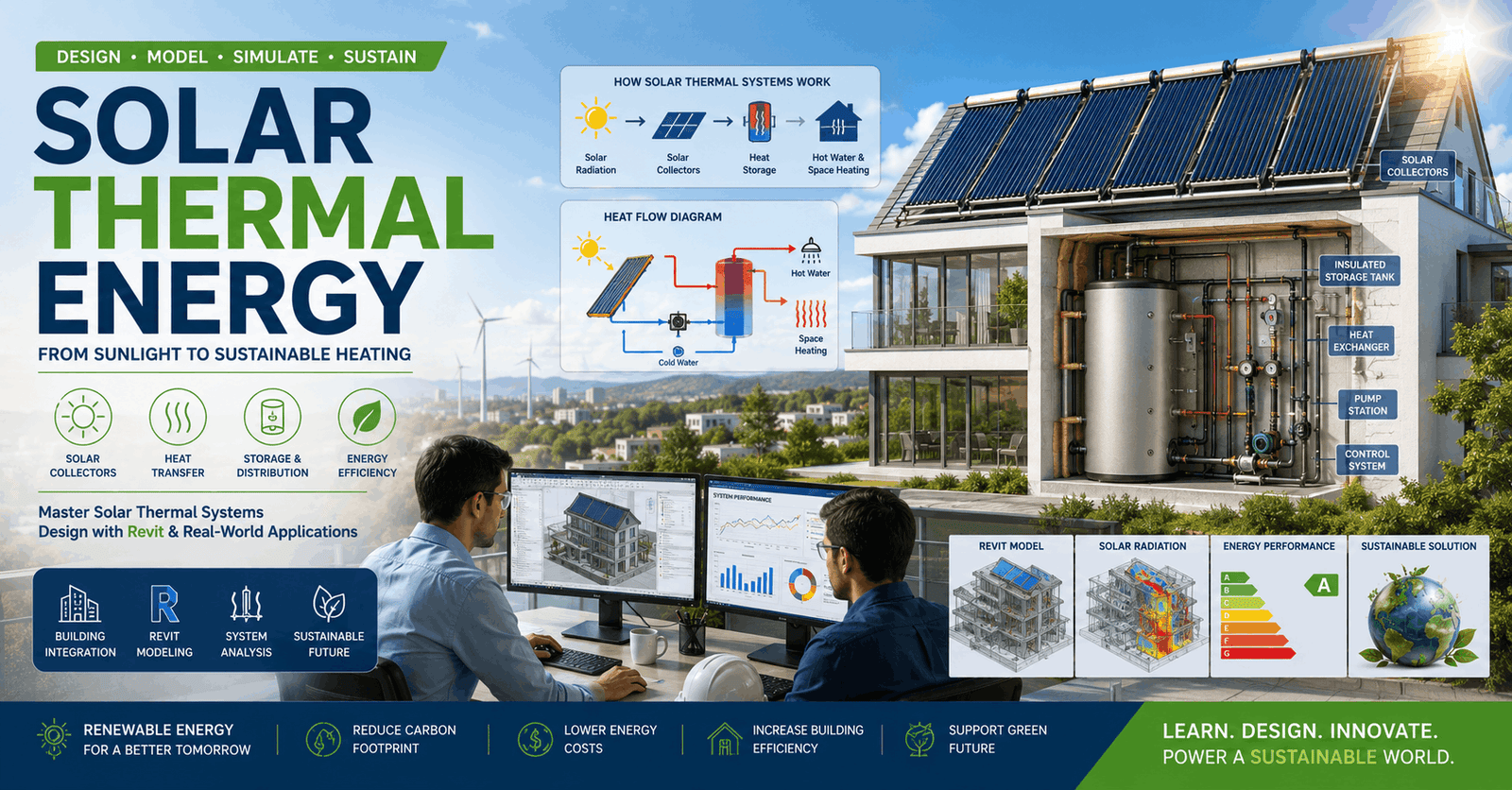Solar Thermal Energy systems with solar collectors, water heating, renewable energy technology, and sustainable engineering.