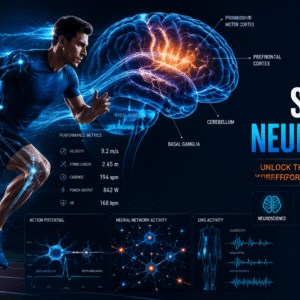 Sports Neuroscience course showing brain activity, neural networks, athlete movement, and performance science concepts.