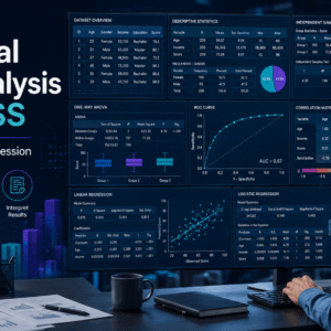 SPSS Data Analysis workspace showing statistical datasets, t-tests, ANOVA, correlation and regression charts