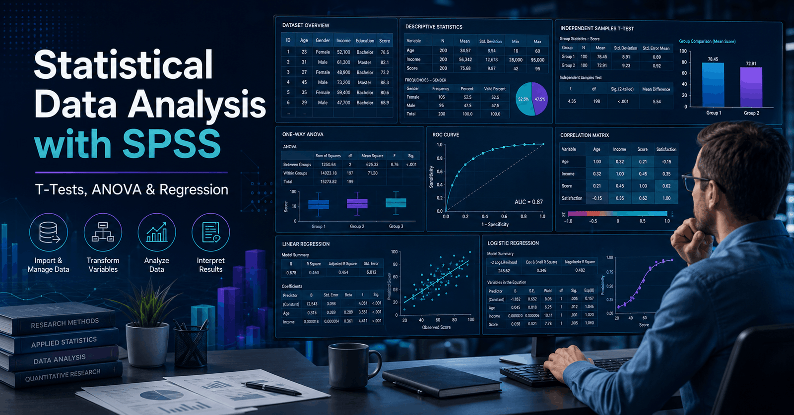 SPSS Data Analysis workspace showing statistical datasets, t-tests, ANOVA, correlation and regression charts
