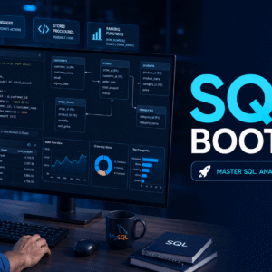 SQL Bootcamp course showing MySQL queries, database tables, analytics dashboard, and real-world SQL project examples.
