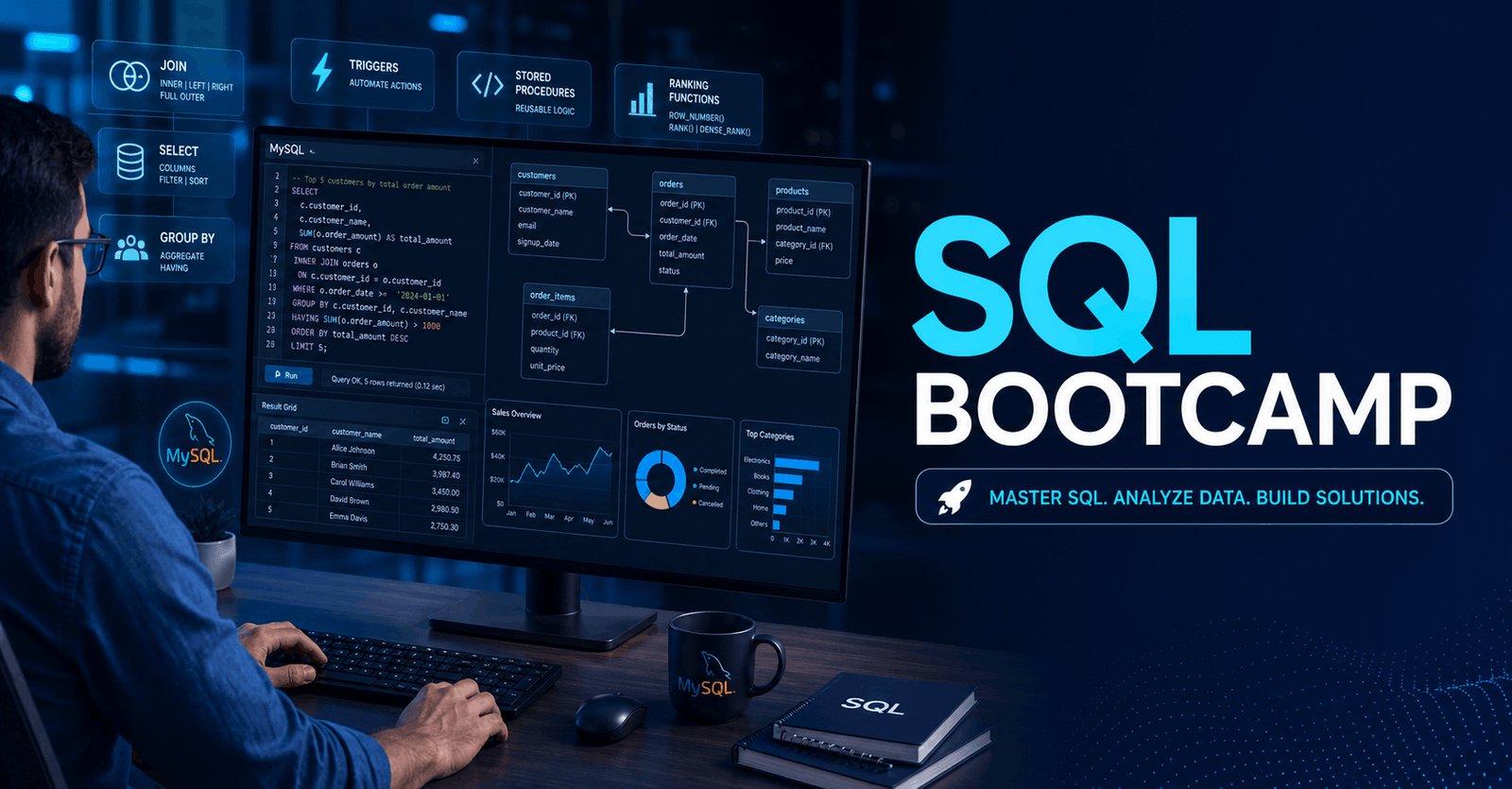 SQL Bootcamp course showing MySQL queries, database tables, analytics dashboard, and real-world SQL project examples.