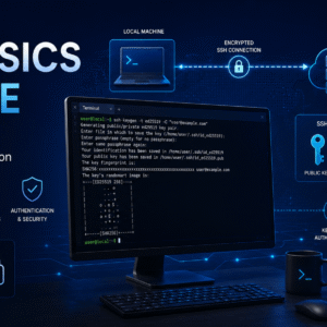 SSH Basics Course showing secure remote access, terminal commands and SSH key pair generation.