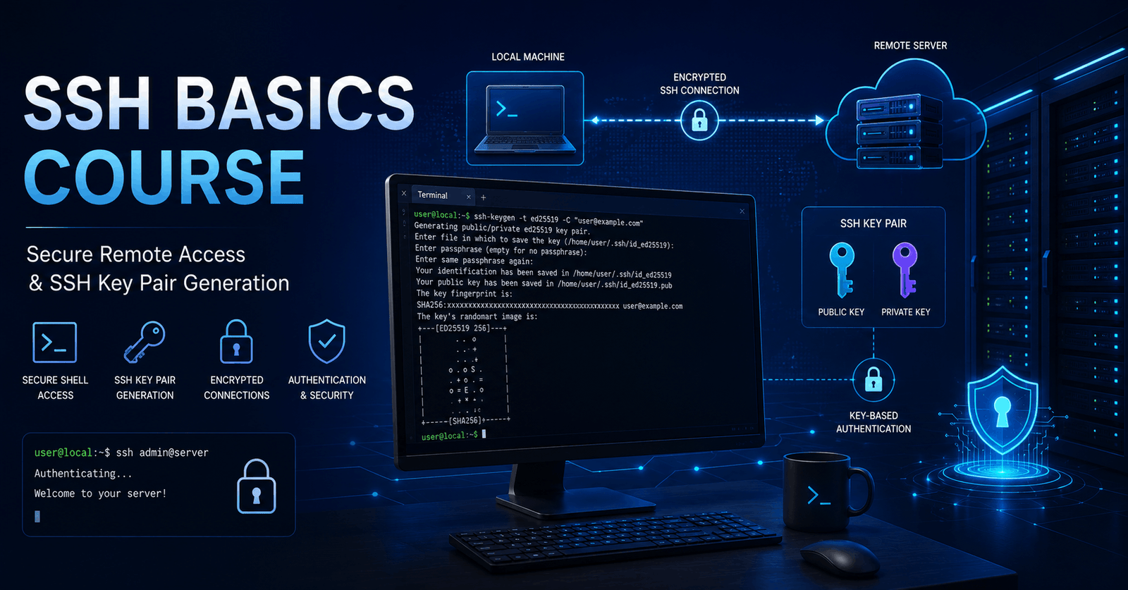 SSH Basics Course showing secure remote access, terminal commands and SSH key pair generation.