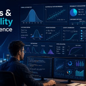 Statistics for Data Science dashboard with probability charts, regression models, Python analysis and data visualisations
