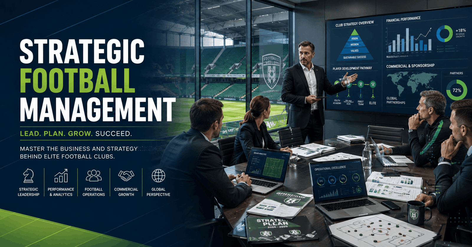 Strategic Football Management executive leading football club planning and leadership in a professional stadium environment.