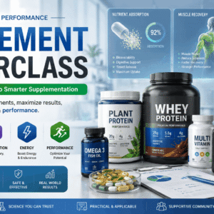 Professional educational banner for Supplement Masterclass showing vitamins, protein, and fitness nutrition supplements