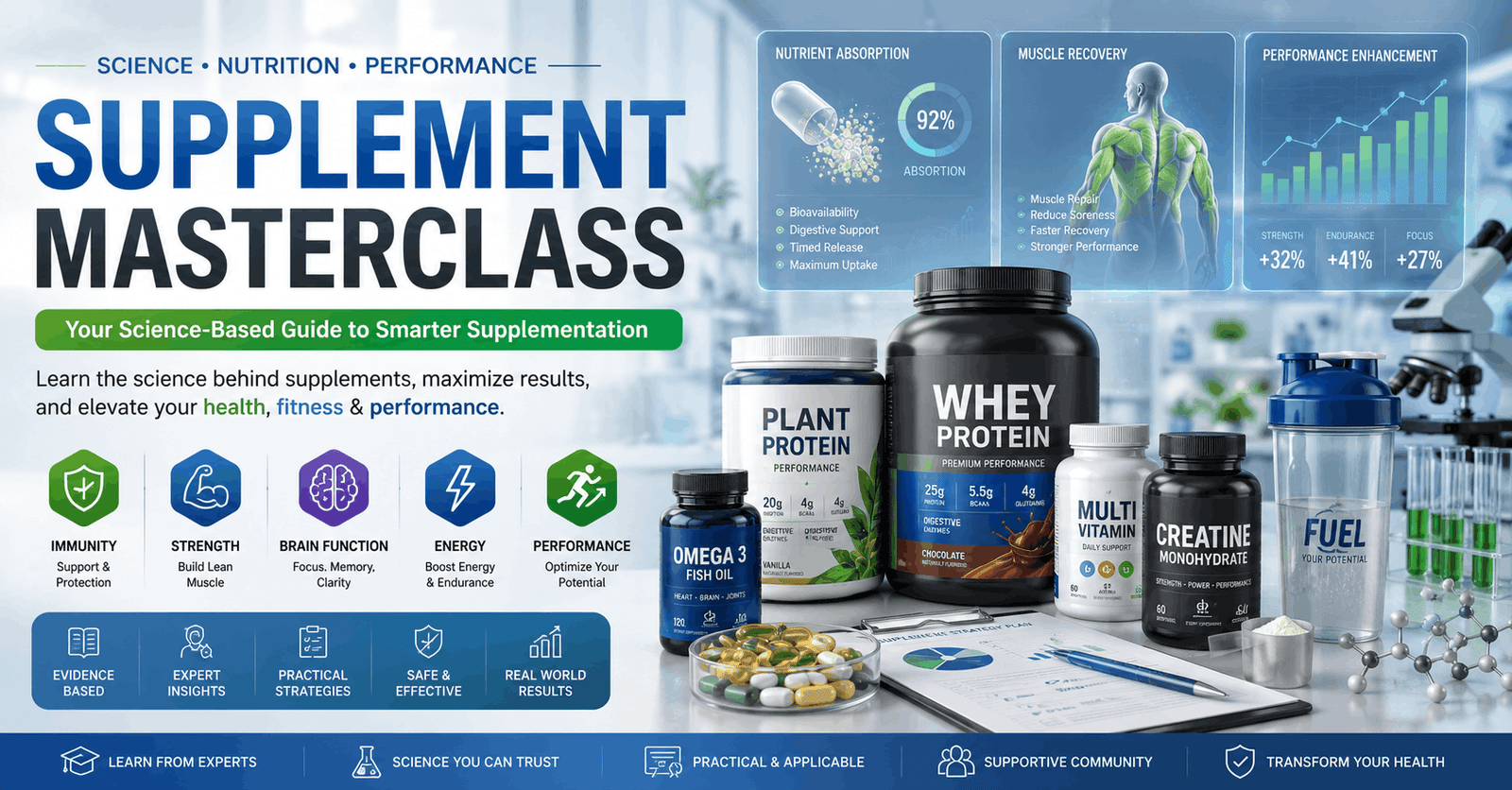 Professional educational banner for Supplement Masterclass showing vitamins, protein, and fitness nutrition supplements