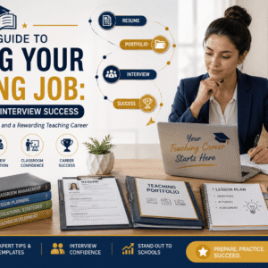 Teaching job success course showing teacher interview preparation with resume, portfolio, and classroom presentation