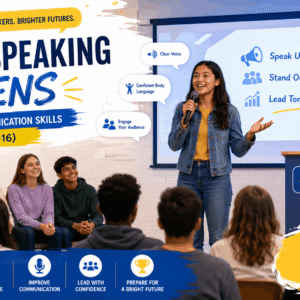 Teen Public Speaking course showing students presenting confidently in front of audience with communication skills training