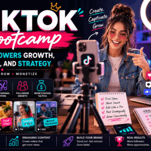 TikTok growth course showing content creation, video editing, analytics, and follower growth strategies