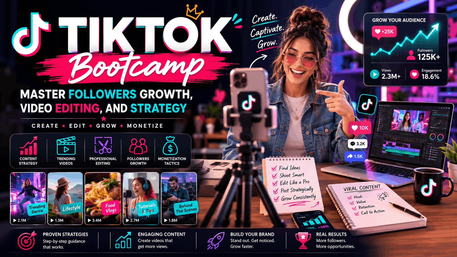 TikTok growth course showing content creation, video editing, analytics, and follower growth strategies