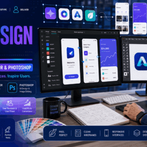 UI UX Design Mastery course covering app icon design, wireframing, prototyping, and interface design with Adobe tools