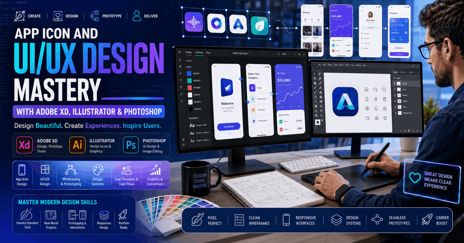 UI UX Design Mastery course covering app icon design, wireframing, prototyping, and interface design with Adobe tools