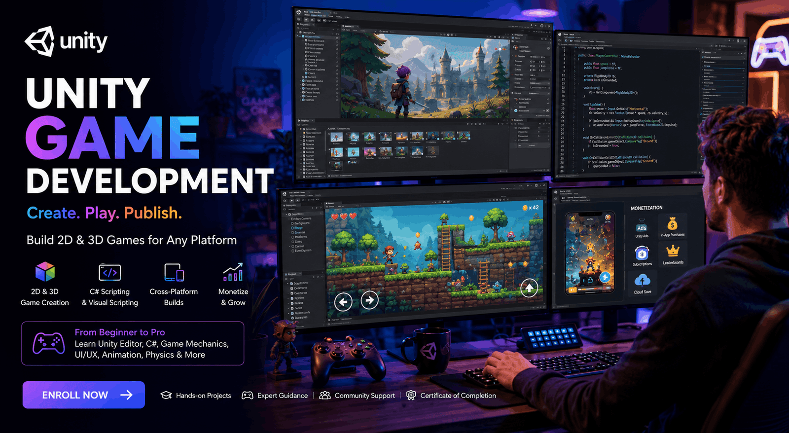 Beginner learning Unity Game Development with 2D and 3D game projects, coding, levels, scenes, and gameplay mechanics.