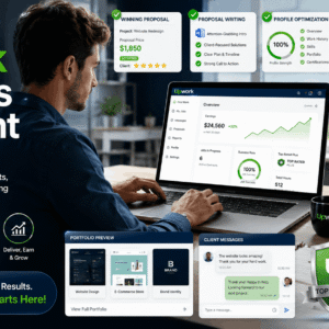 Professional freelancer working on laptop with Upwork Success Blueprint proposal writing and profile optimization dashboard