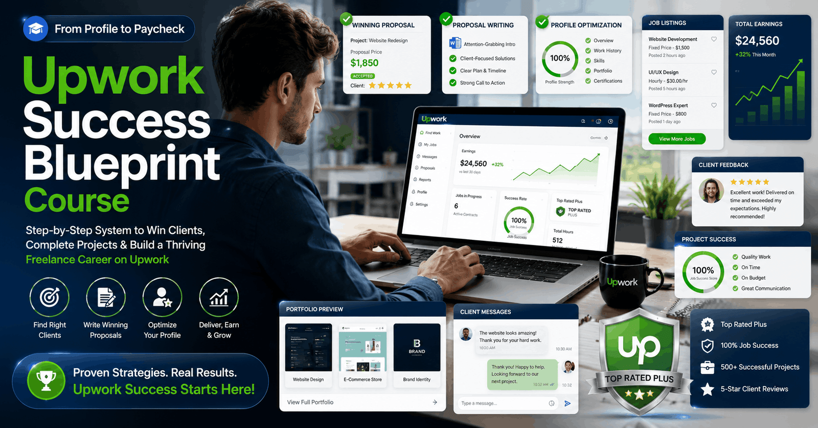 Professional freelancer working on laptop with Upwork Success Blueprint proposal writing and profile optimization dashboard