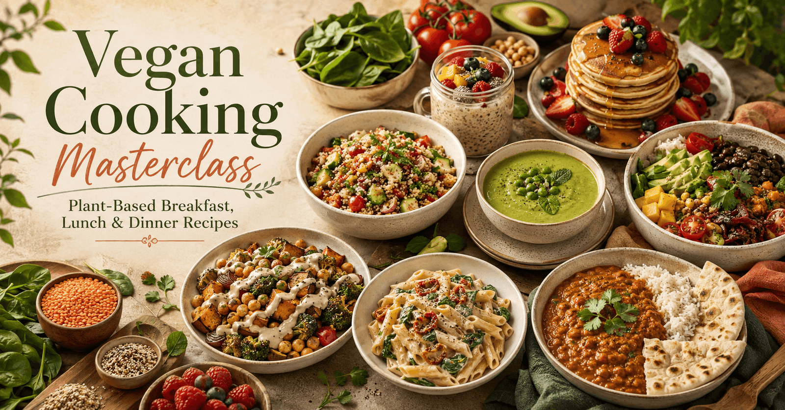 Vegan Cooking spread with colourful pancakes, quinoa salad, tofu curry, burrito bowl and fresh plant-based ingredients