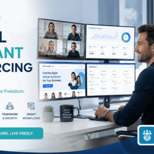 Professional managing a remote team through virtual assistant outsourcing to build passive income and business growth.