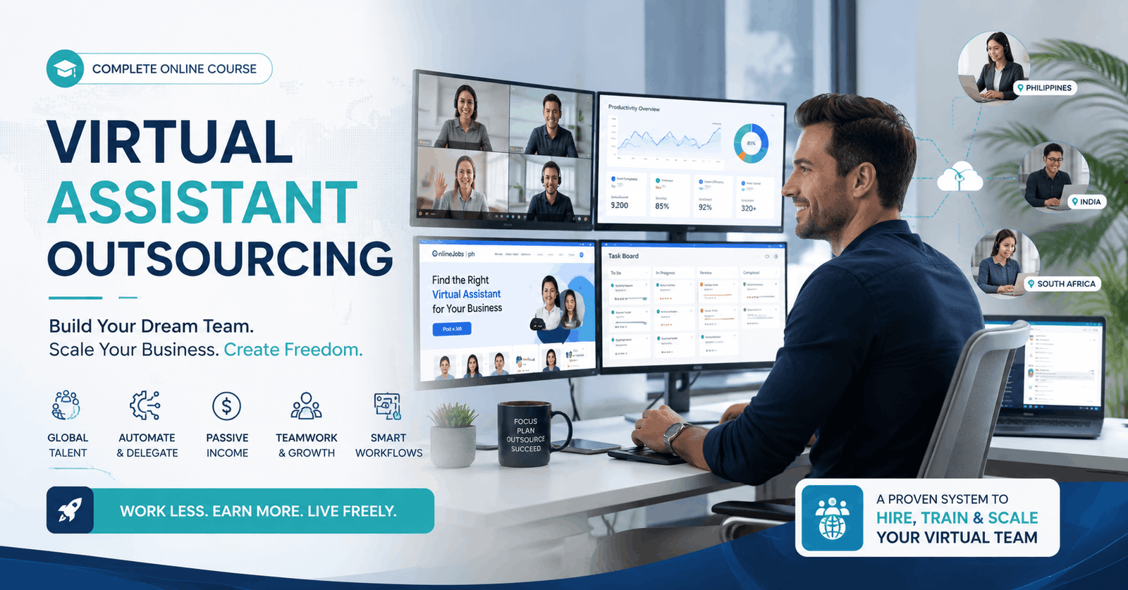 Professional managing a remote team through virtual assistant outsourcing to build passive income and business growth.