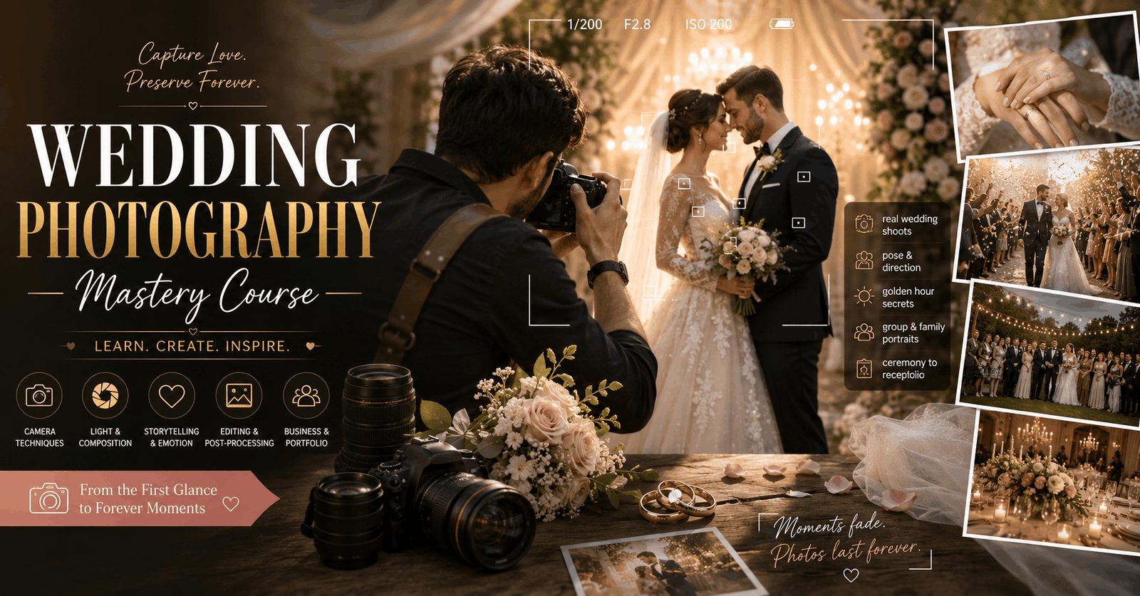 Professional wedding photographer capturing emotional moments using Wedding Photography Mastery techniques at a wedding ceremony