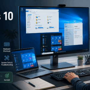 Windows 10 Course showing desktop navigation, file management, browser tools and computer skills training