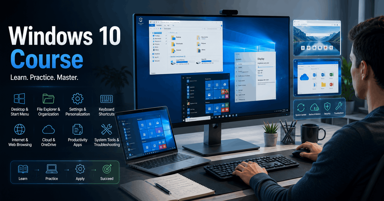 Windows 10 Course showing desktop navigation, file management, browser tools and computer skills training