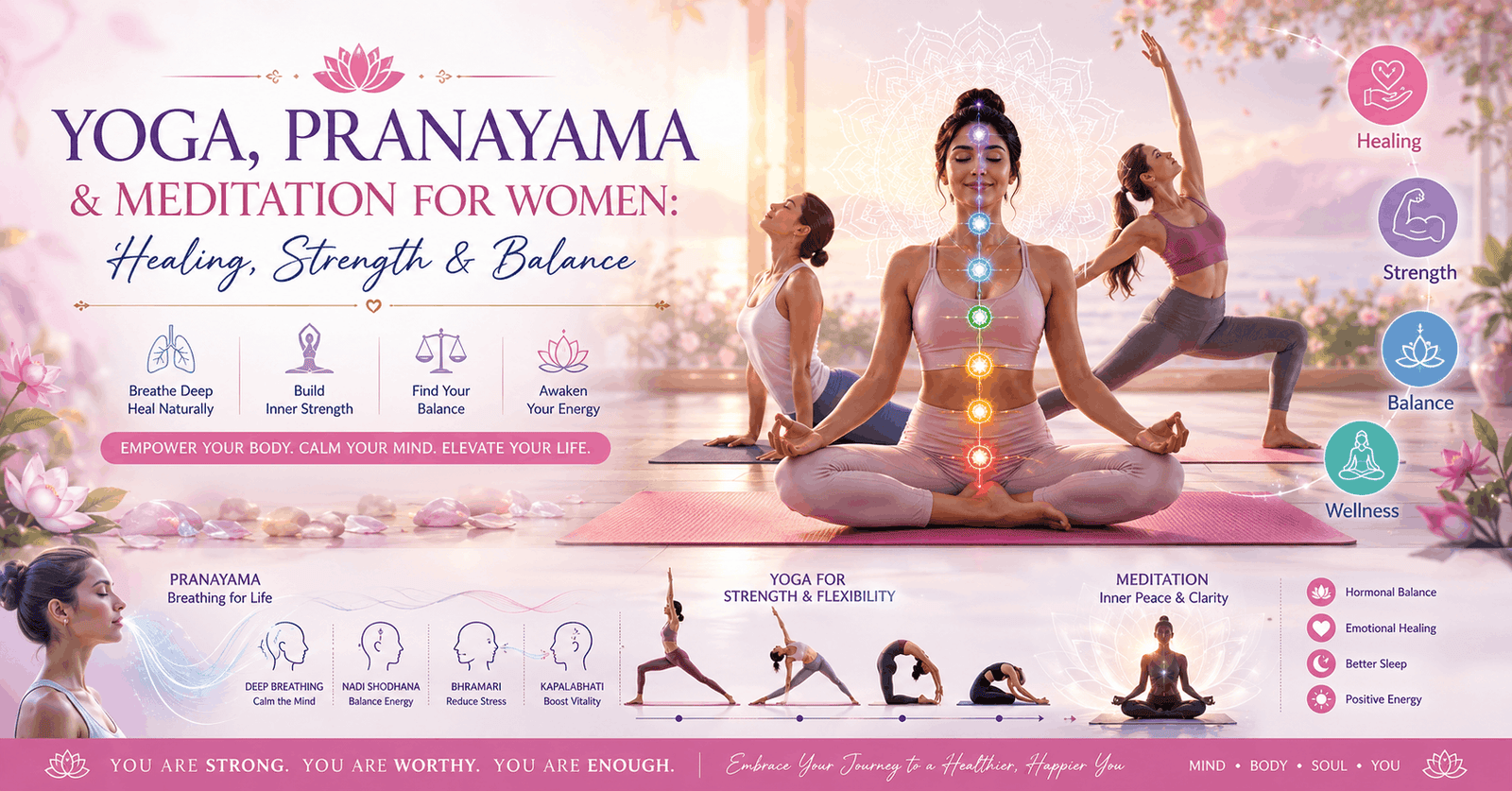 Women yoga course showing yoga poses, pranayama breathing, and meditation for healing strength and balance