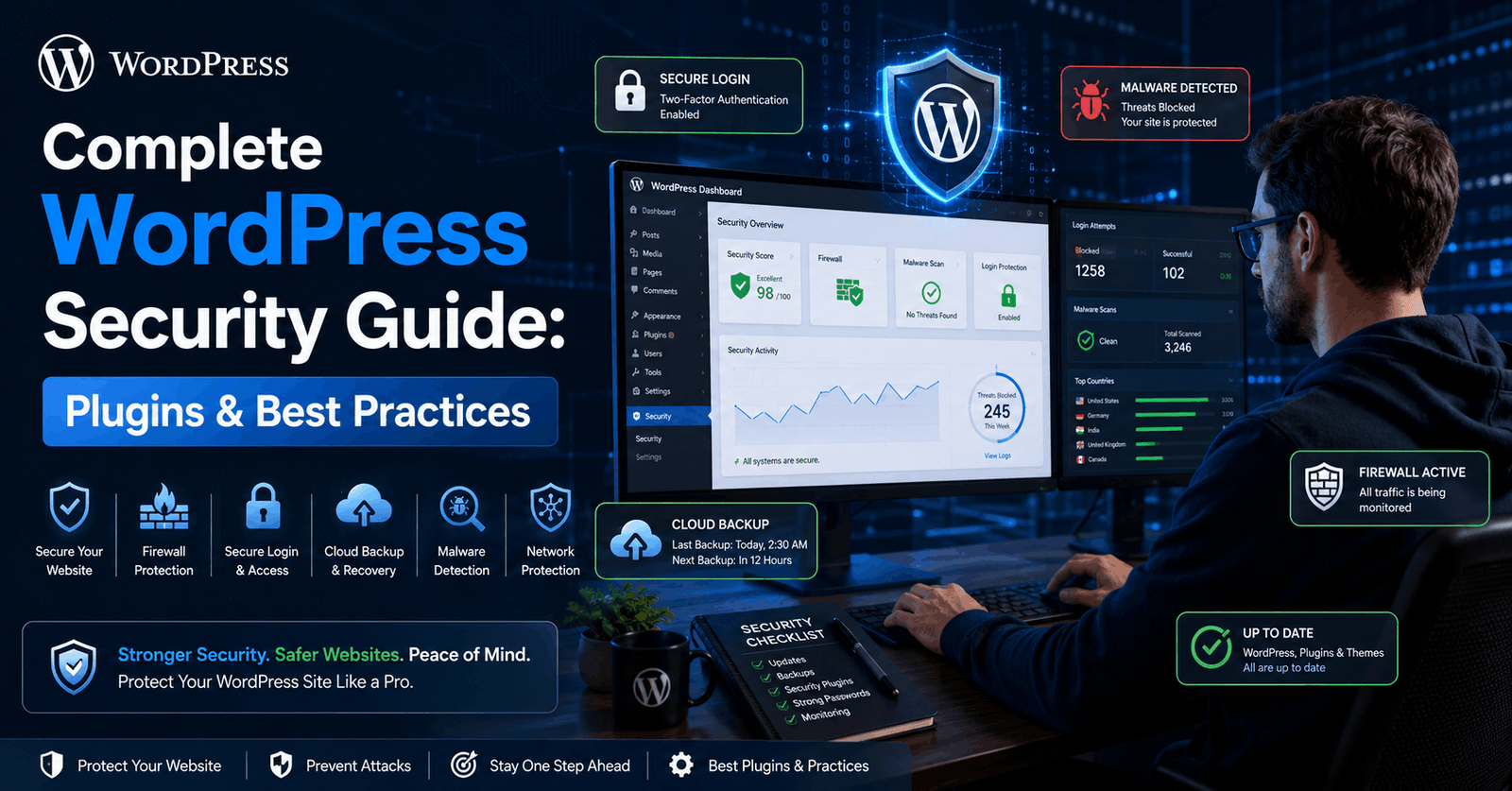 WordPress Security Guide course covering website protection, security plugins, malware detection, and backup solutions