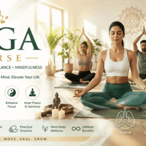 Professional educational banner for Yoga Course showing peaceful yoga practice for health, flexibility, and mindfulness