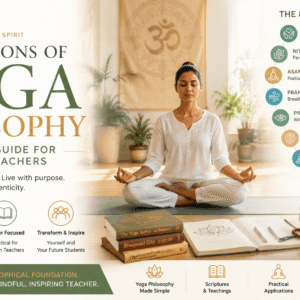 Yoga philosophy course showing meditation practice, yoga poses, and spiritual learning environment