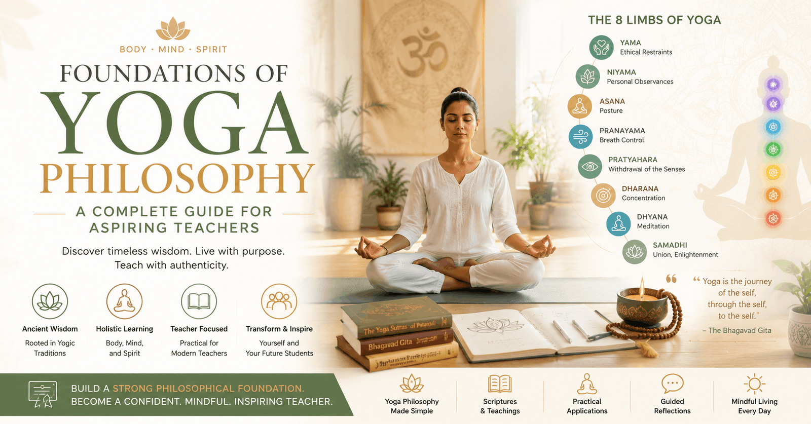 Yoga philosophy course showing meditation practice, yoga poses, and spiritual learning environment