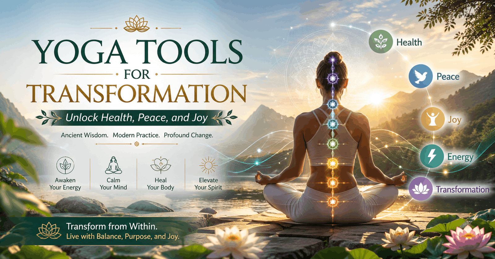 Yoga transformation course showing meditation, energy flow, breathing practice, and peaceful yoga lifestyle