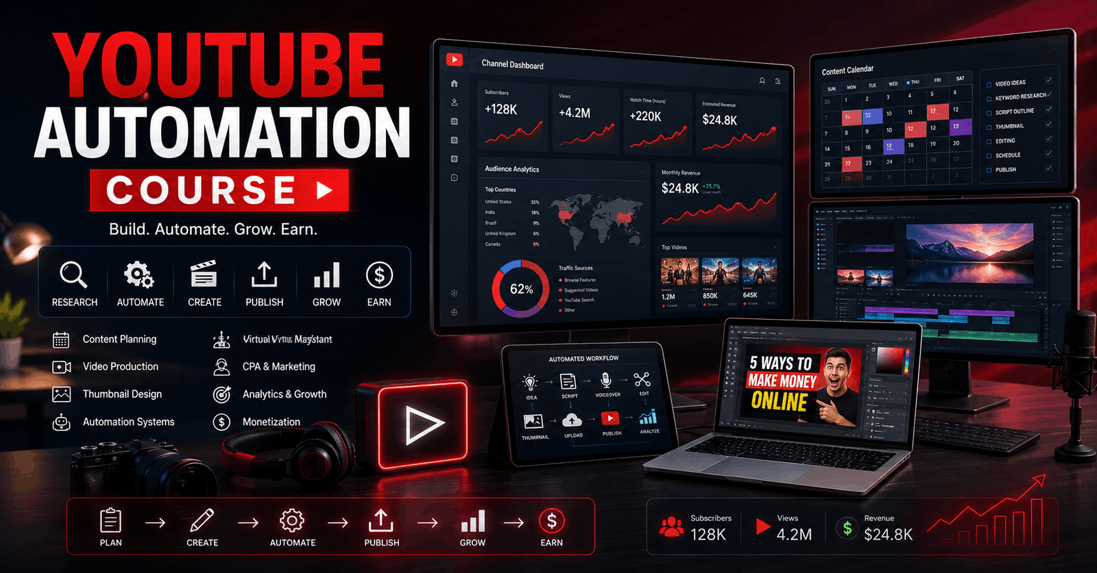 YouTube Automation Course showing channel setup, video creation, thumbnails and monetization strategies