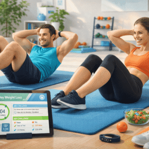 21 Day Weight Loss program showing a man and woman exercising and tracking fitness progress on a digital health app