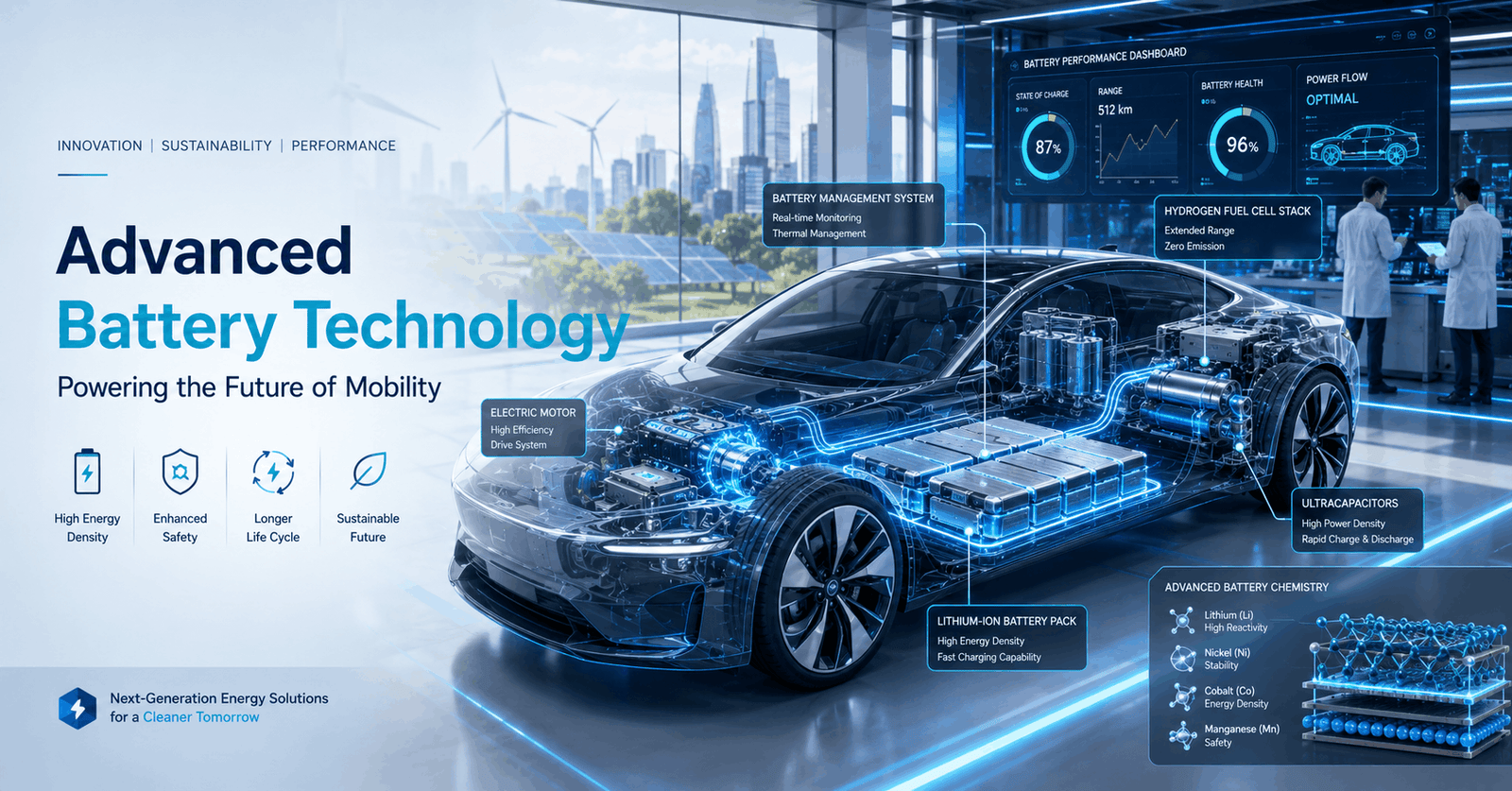Advanced battery technology showing EV batteries, fuel cells, electric motors, and modern energy storage systems.