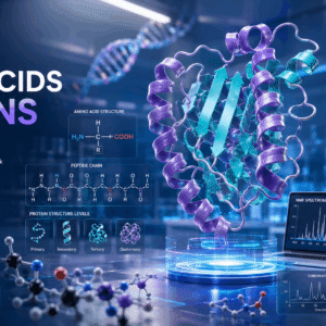 Amino acids proteins molecular structure with protein folding, sequencing, and laboratory analysis techniques.