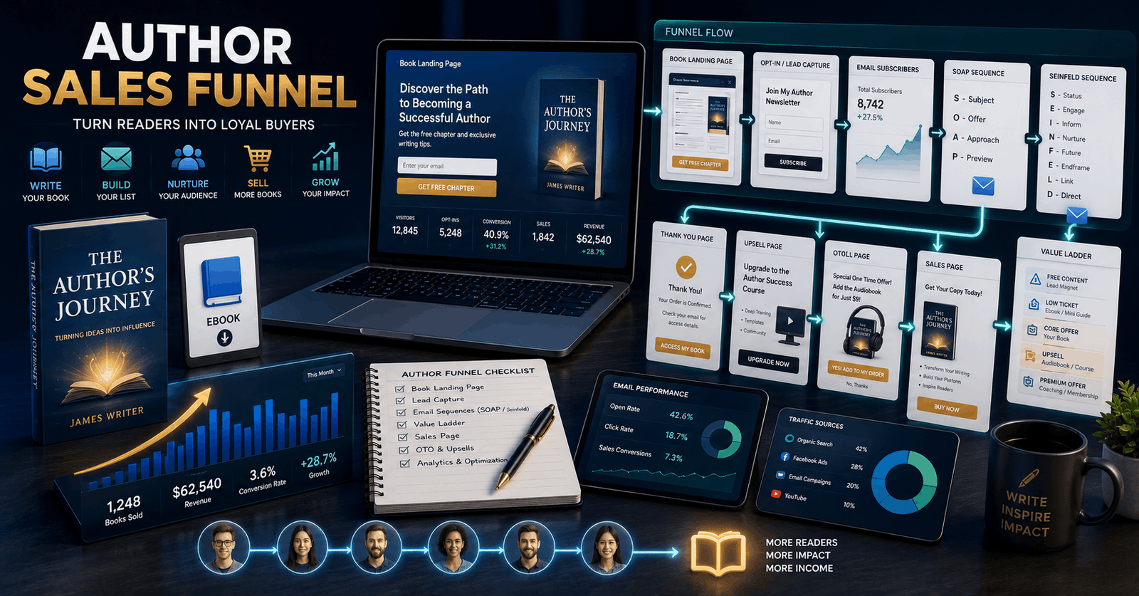Author Sales Funnel dashboard showing book marketing, email automation, landing pages, and sales funnel analytics.