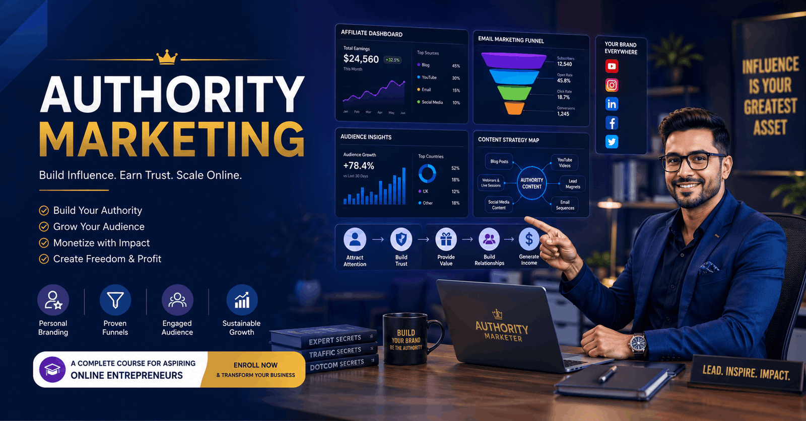 Authority Marketing course showing expert branding, affiliate strategies, email funnels, and online business growth methods.