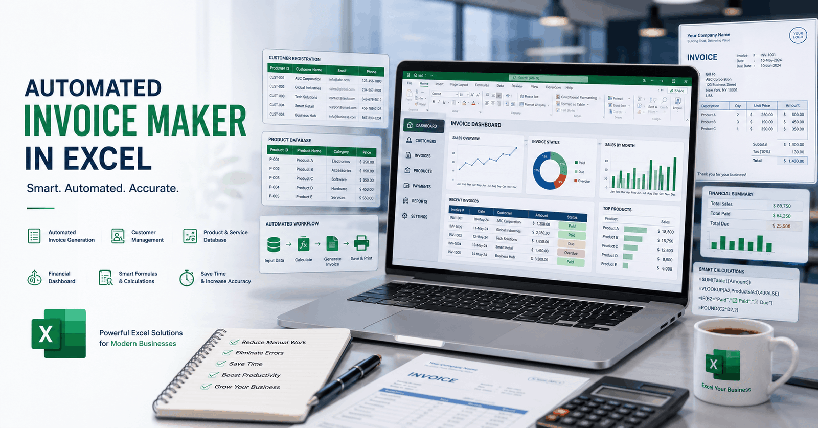 Automated invoice maker in Excel showing invoice templates, formulas, customer forms, and business automation tools.
