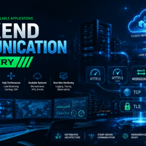 Backend Communication course showing APIs, protocols, servers, networking patterns, and secure data exchange systems.