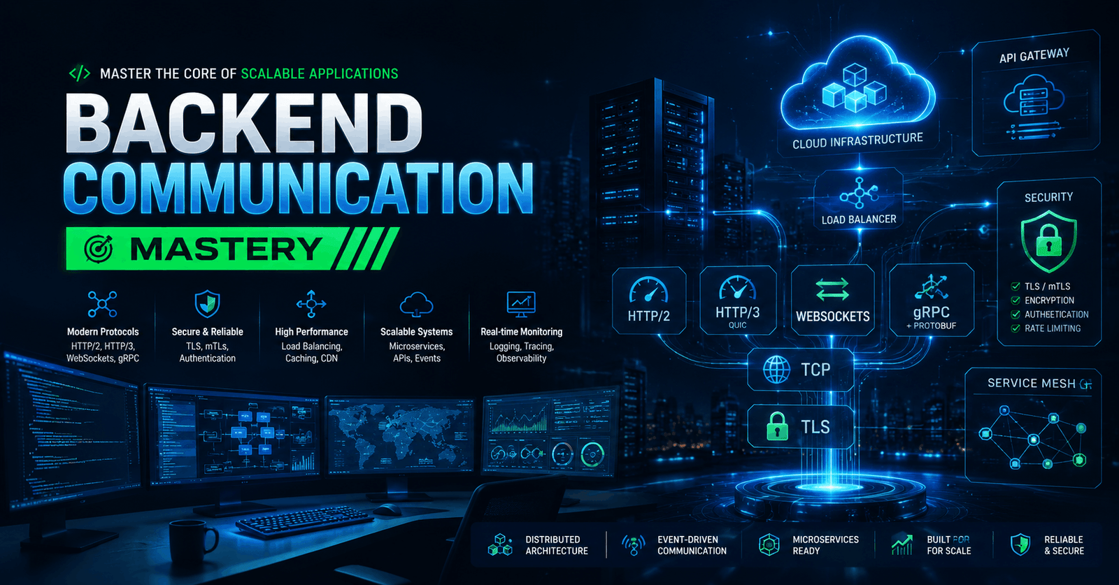 Backend Communication course showing APIs, protocols, servers, networking patterns, and secure data exchange systems.