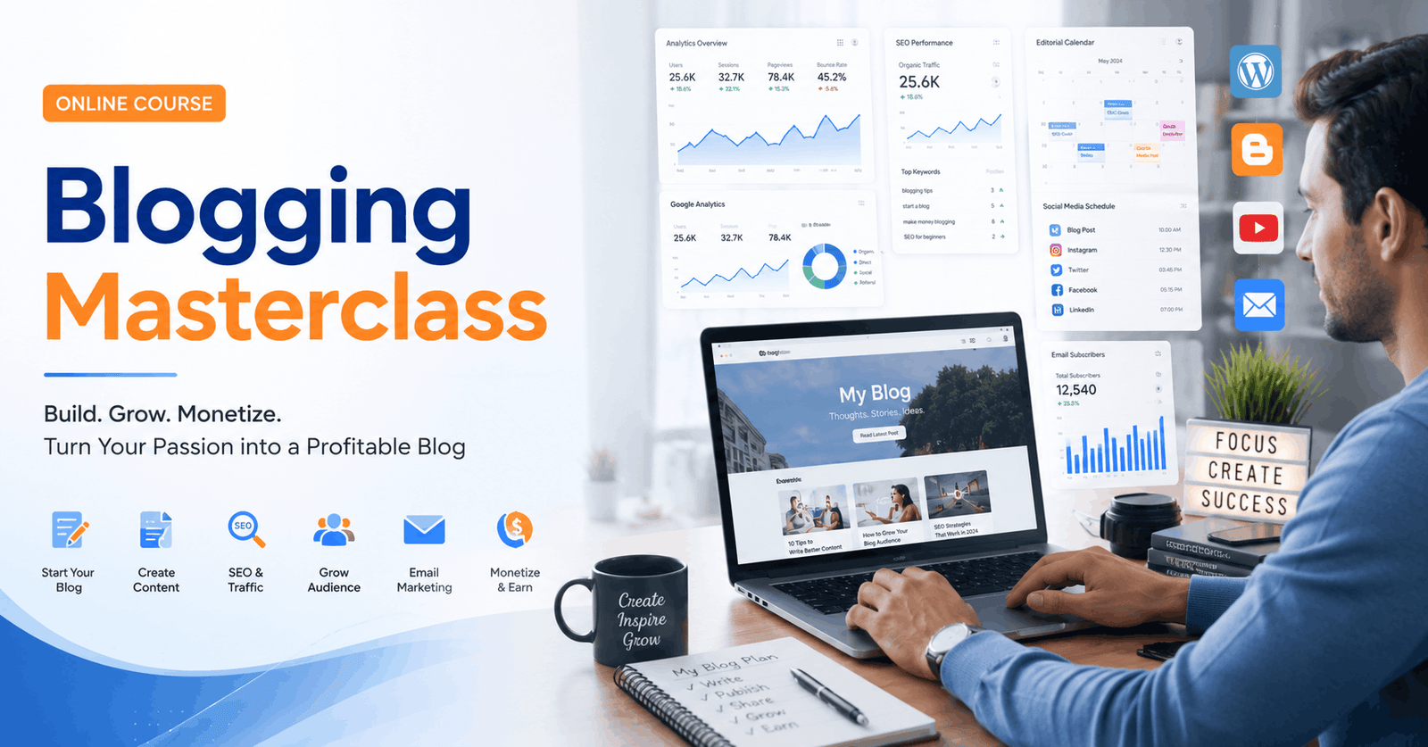 Blogging Masterclass course showing blog writing, SEO, analytics, audience growth and online monetisation strategies.
