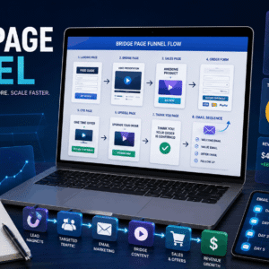 Bridge Page Funnel workflow with landing pages, bridge page, email automation, upsells, and conversion analytics dashboard.