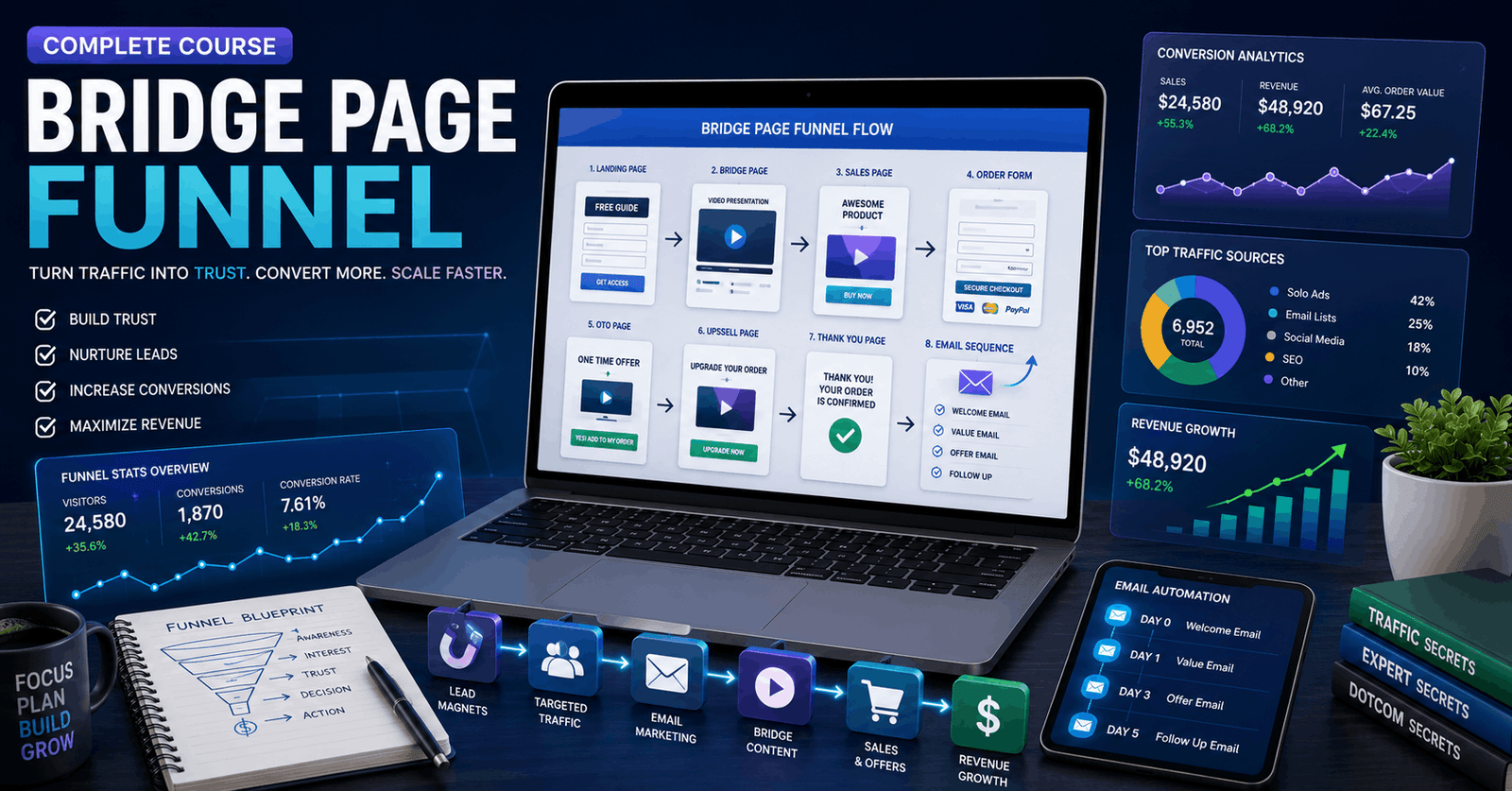 Bridge Page Funnel workflow with landing pages, bridge page, email automation, upsells, and conversion analytics dashboard.